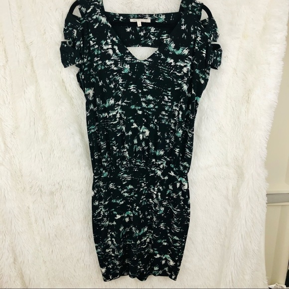 BCBGeneration black with teal and white pattern multicolor keyhole v neck midi - Picture 3 of 13